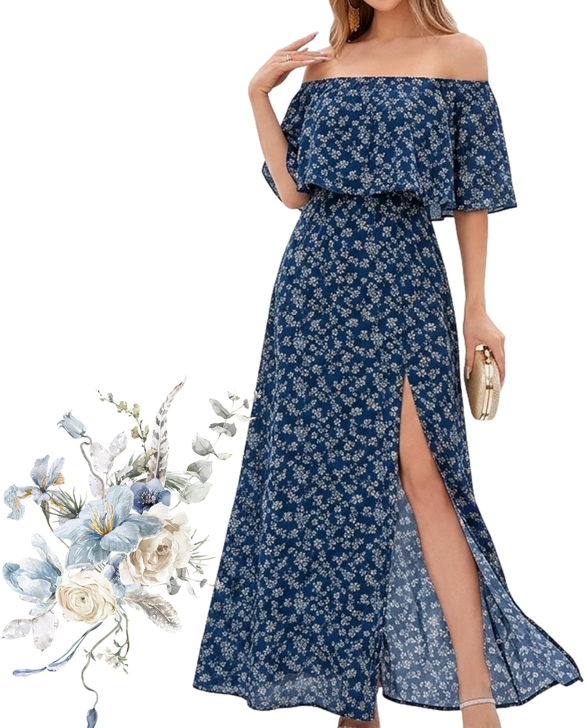 Women's Off Shoulder Ruffle Short Sleeve Side Split Maxi Dresses with Pockets, Party Side Split Beach Maxi Dress