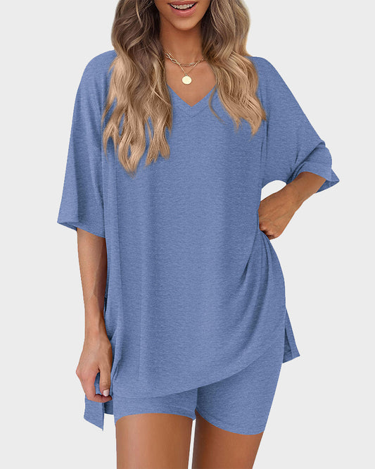 Summer Casual V-Neck Split-Hem Lounge Set with Pockets