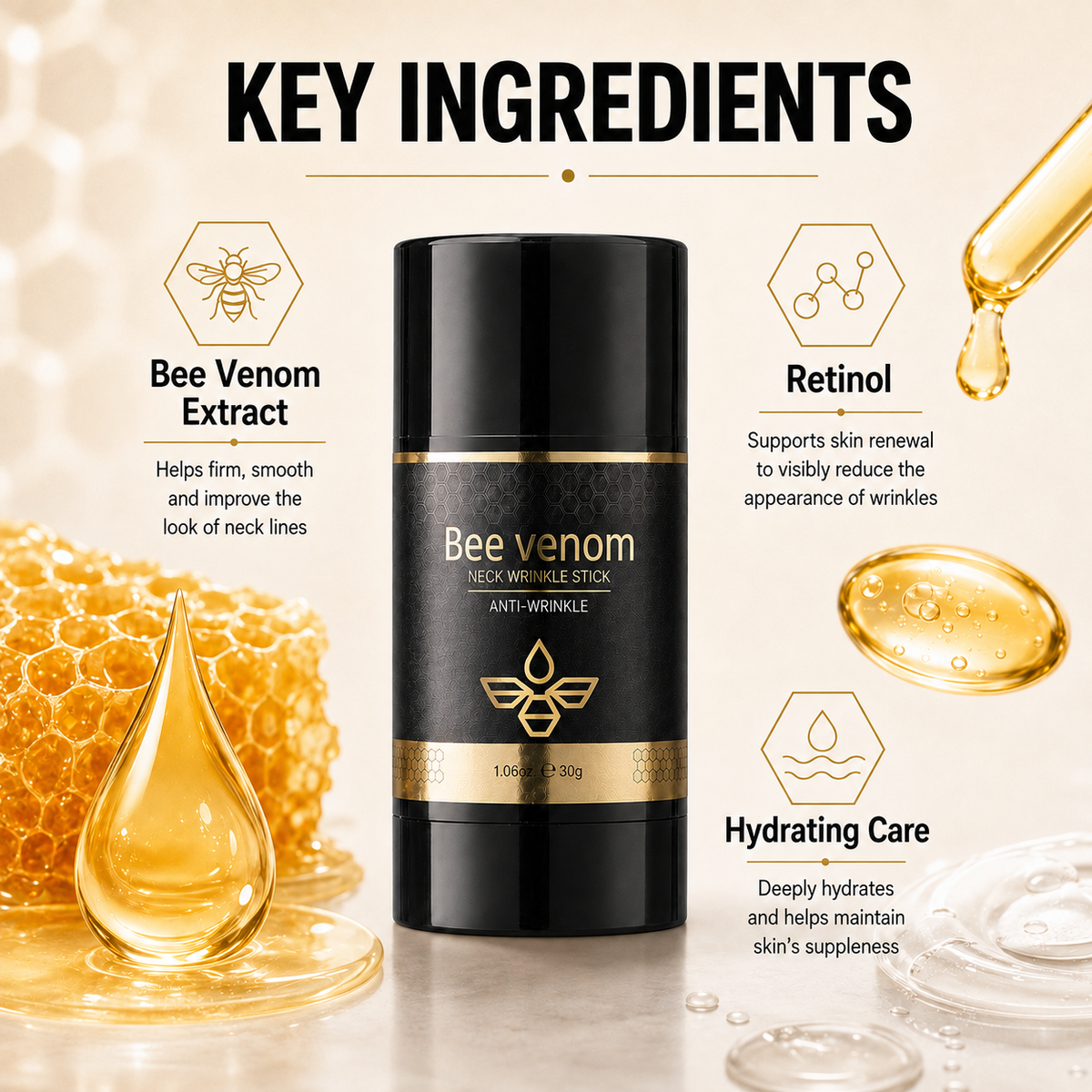 Retinol Bee Venom Neck Firming Stick, Hydrating Anti-Wrinkle Travel Skincare