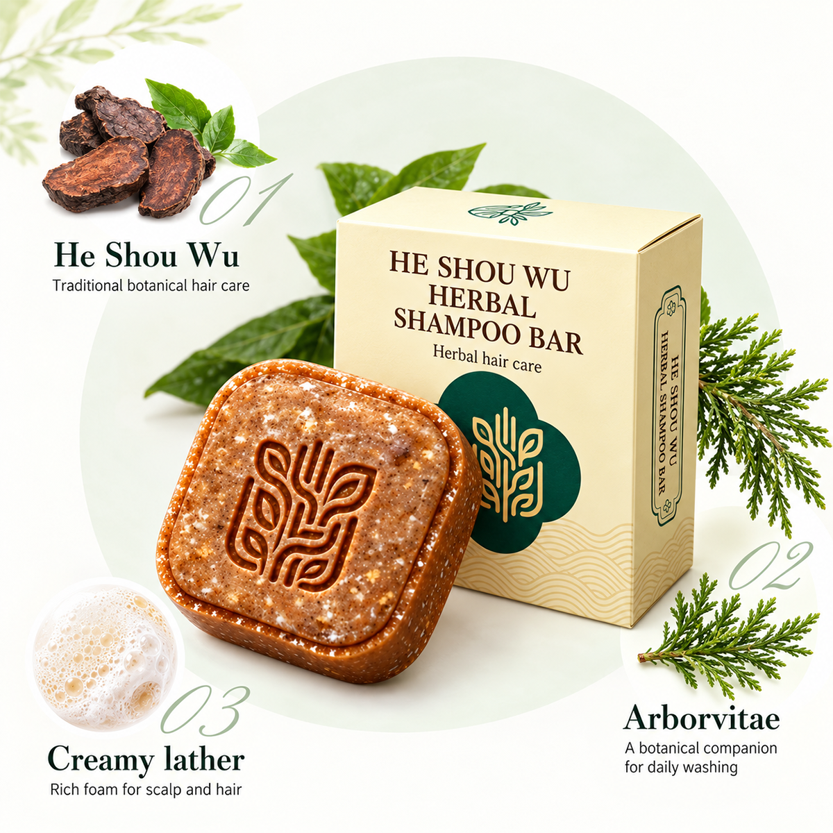 🌿 Herbal He Shou Wu Shampoo Bar with Arborvitae