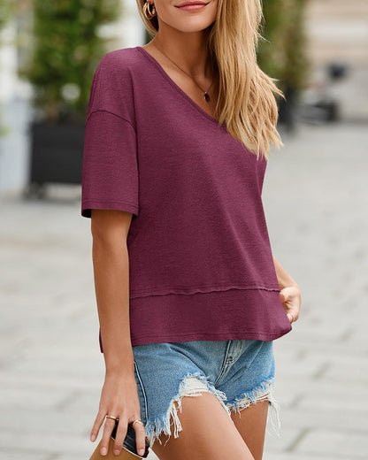 Womens Summer V-Neck Short Sleeve Loose Fit T-Shirt