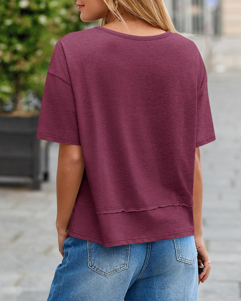 Womens Summer V-Neck Short Sleeve Loose Fit T-Shirt