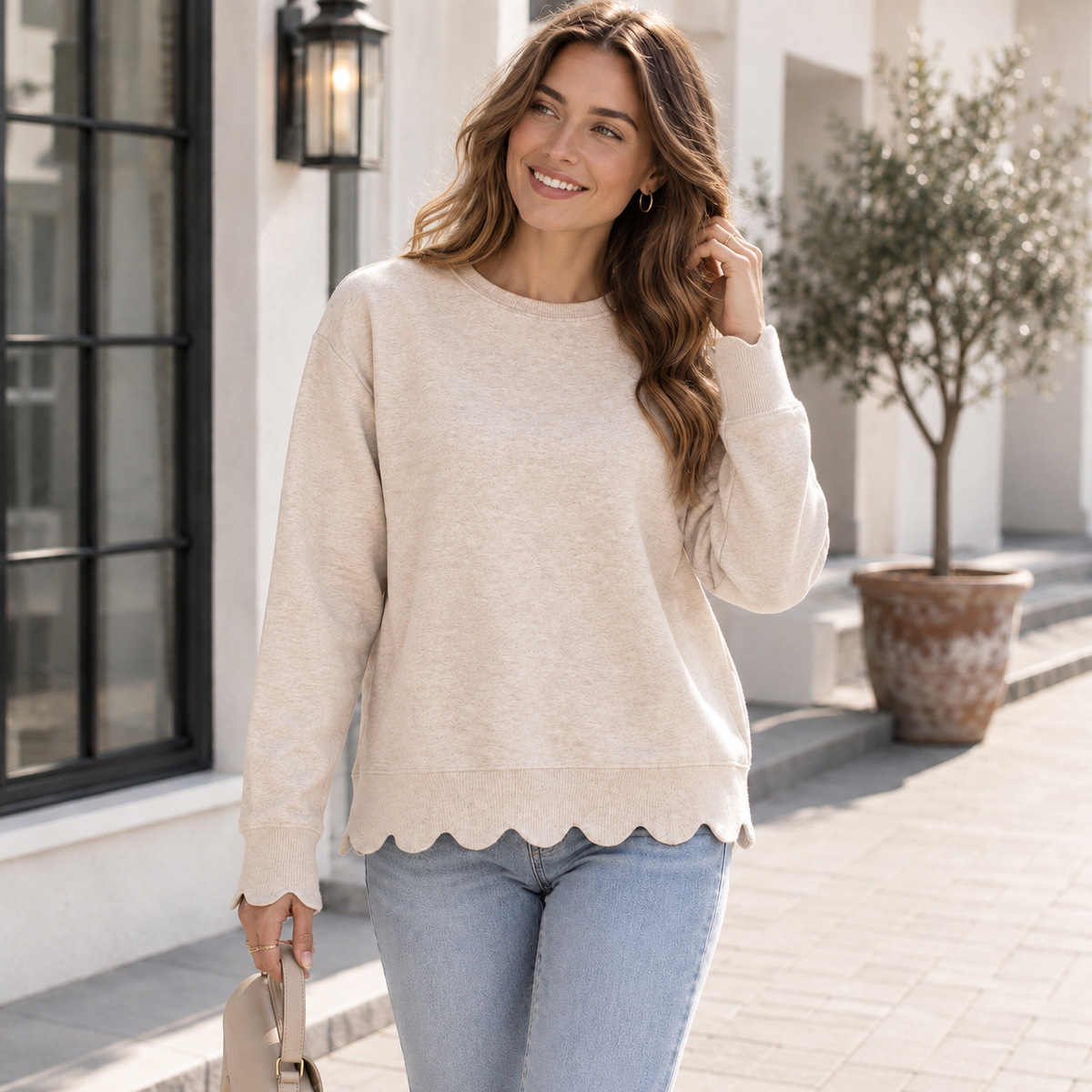 Women's Long Sleeve Scallop Hem Knit Sweatshirt, Oversized Tunic Top