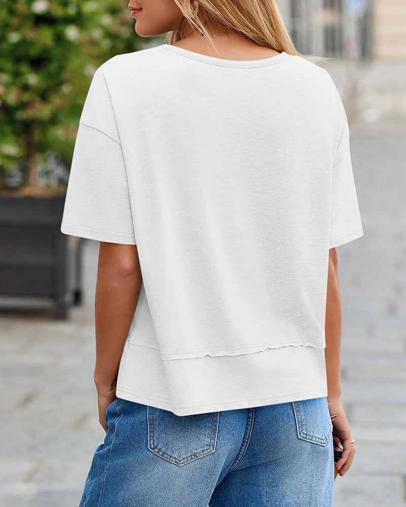 Womens Summer V-Neck Short Sleeve Loose Fit T-Shirt