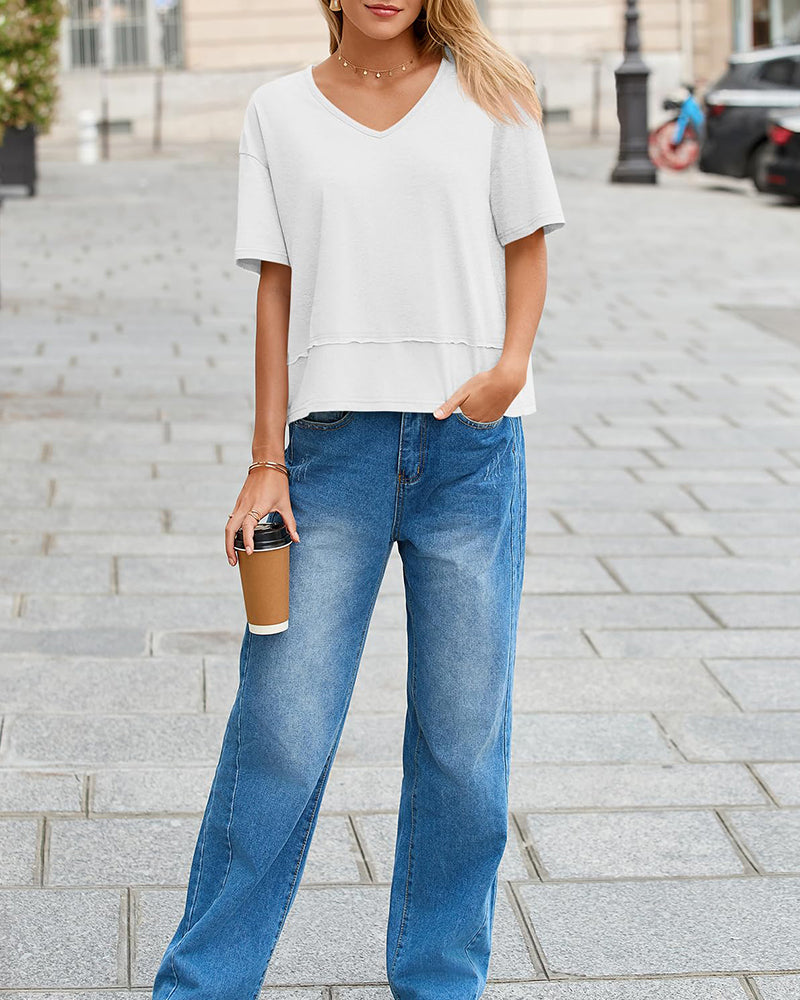 Womens Summer V-Neck Short Sleeve Loose Fit T-Shirt
