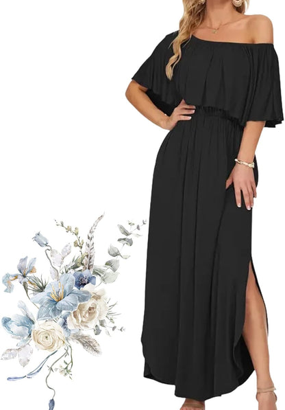Women's Off Shoulder Ruffle Short Sleeve Side Split Maxi Dresses with Pockets, Party Side Split Beach Maxi Dress