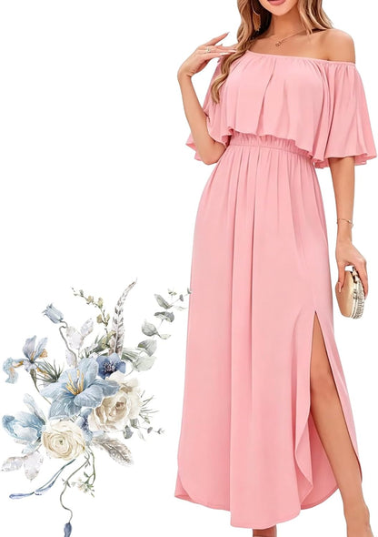 Women's Off Shoulder Ruffle Short Sleeve Side Split Maxi Dresses with Pockets, Party Side Split Beach Maxi Dress