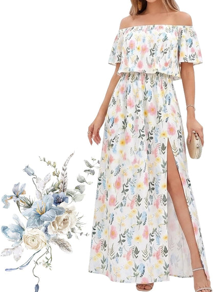 Women's Off Shoulder Ruffle Short Sleeve Side Split Maxi Dresses with Pockets, Party Side Split Beach Maxi Dress