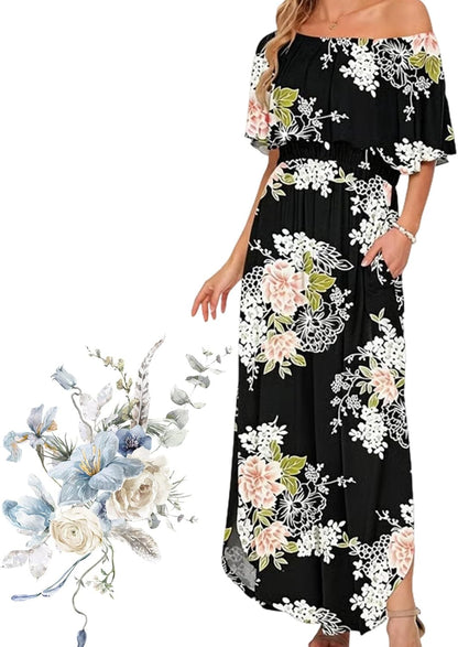 Women's Off Shoulder Ruffle Short Sleeve Side Split Maxi Dresses with Pockets, Party Side Split Beach Maxi Dress
