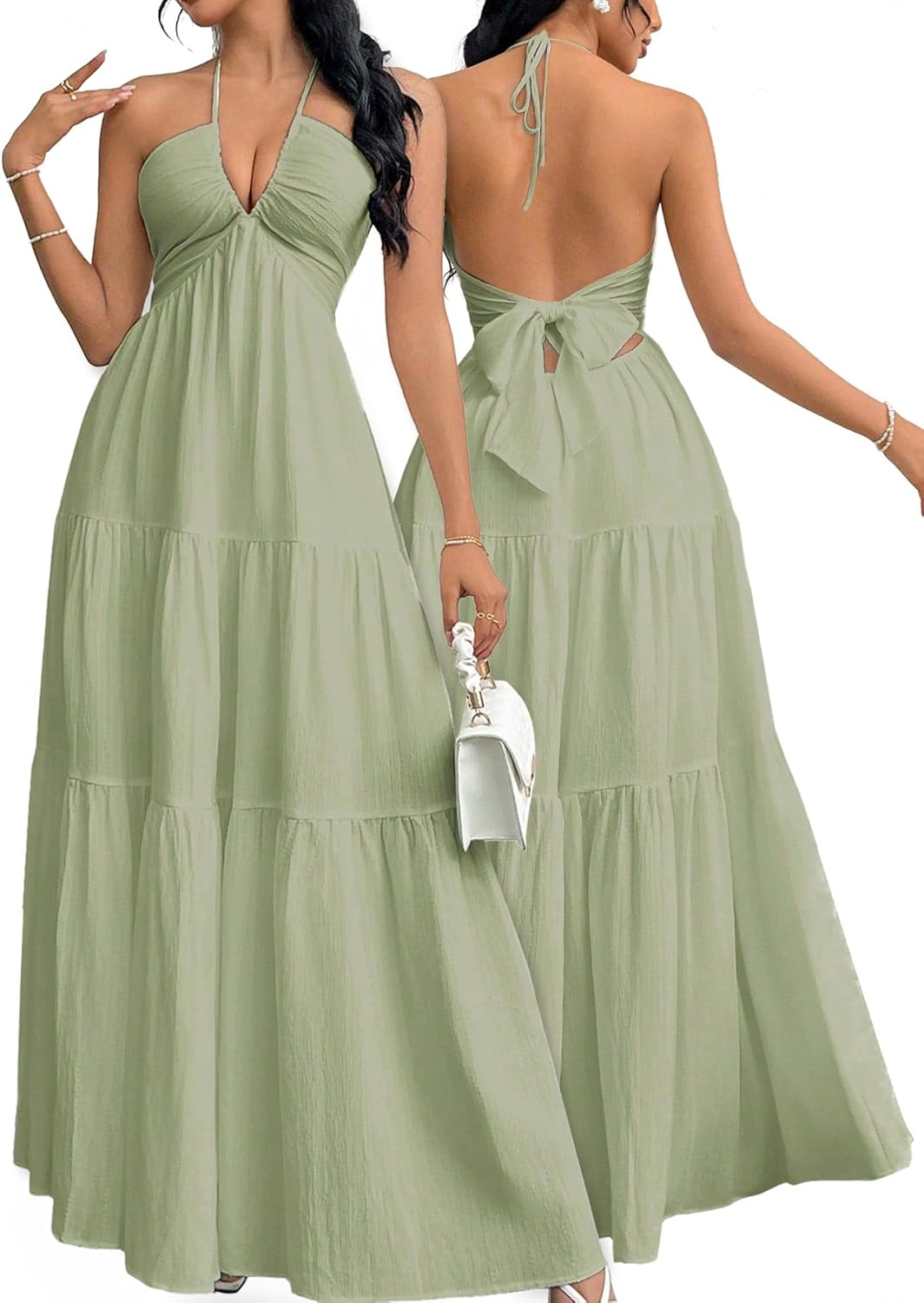 Women's Maxi Summer Dresses Halter V Neck Beach Dresses for Women A-Line Casual Dress for Vacation