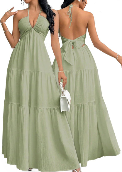 Women's Maxi Summer Dresses Halter V Neck Beach Dresses for Women A-Line Casual Dress for Vacation