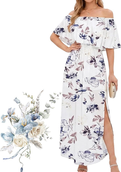 Women's Off Shoulder Ruffle Short Sleeve Side Split Maxi Dresses with Pockets, Party Side Split Beach Maxi Dress