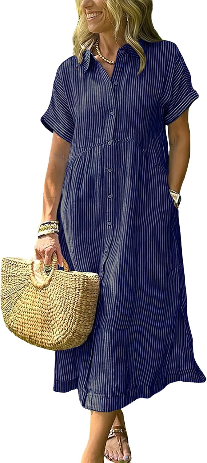 Women's Boho Striped Shirt Dress Button Up Side Slit Loose Mid Long Cotton Dress with Pockets