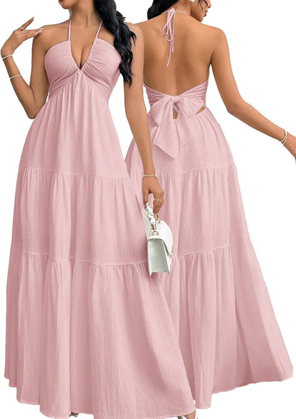 Women's Maxi Summer Dresses Halter V Neck Beach Dresses for Women A-Line Casual Dress for Vacation