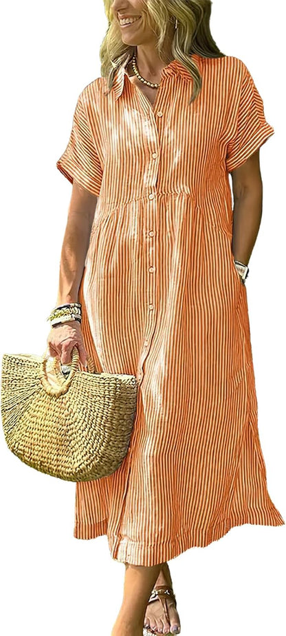 Women's Boho Striped Shirt Dress Button Up Side Slit Loose Mid Long Cotton Dress with Pockets