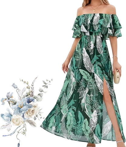 Women's Off Shoulder Ruffle Short Sleeve Side Split Maxi Dresses with Pockets, Party Side Split Beach Maxi Dress