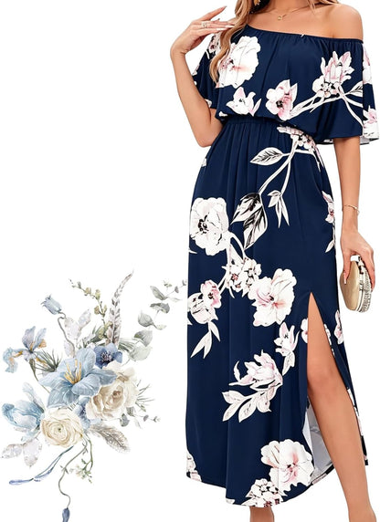 Women's Off Shoulder Ruffle Short Sleeve Side Split Maxi Dresses with Pockets, Party Side Split Beach Maxi Dress