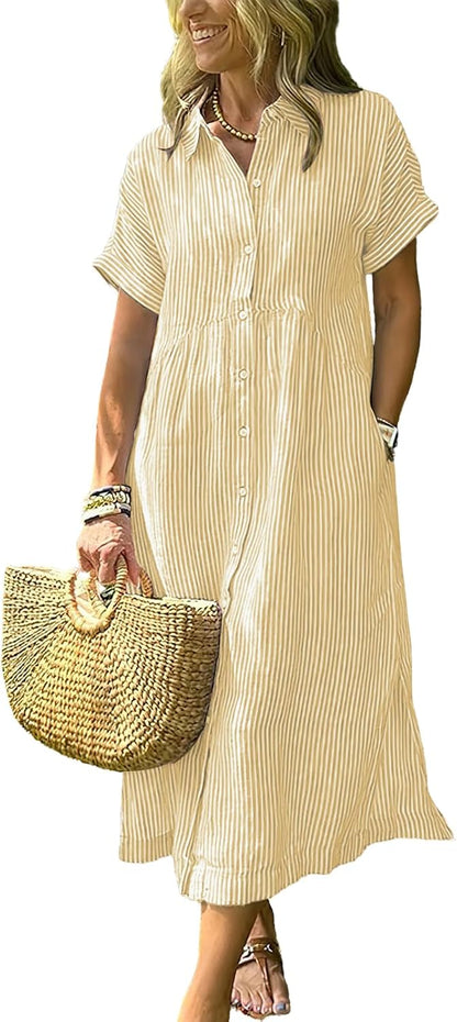 Women's Boho Striped Shirt Dress Button Up Side Slit Loose Mid Long Cotton Dress with Pockets