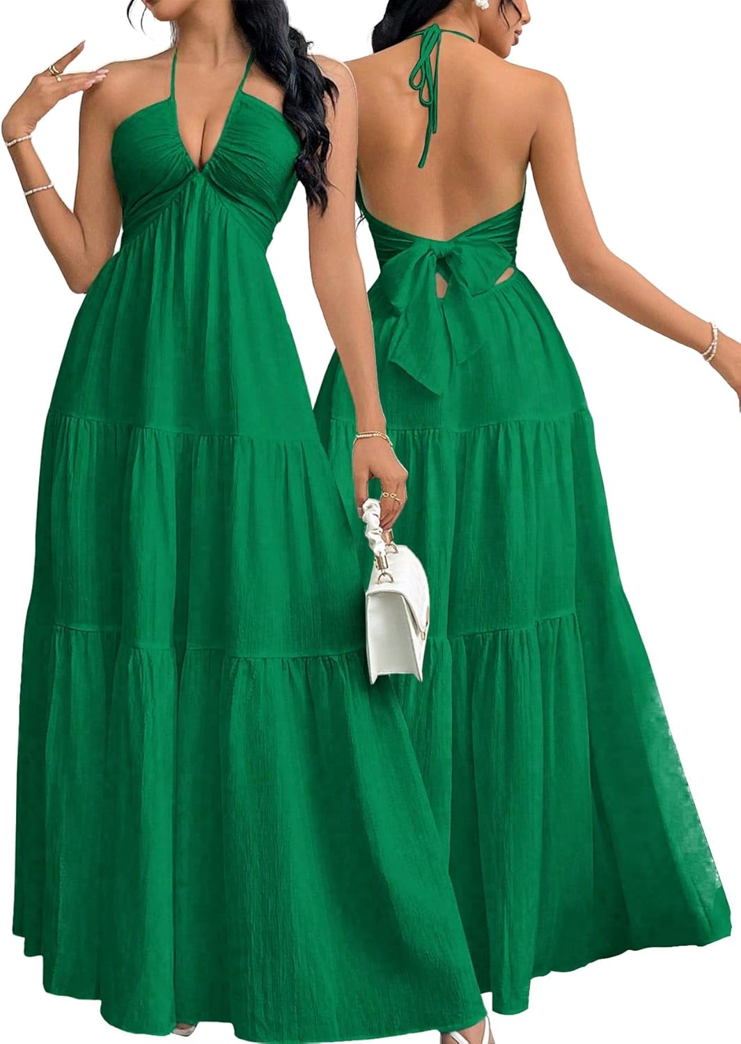 Women's Maxi Summer Dresses Halter V Neck Beach Dresses for Women A-Line Casual Dress for Vacation