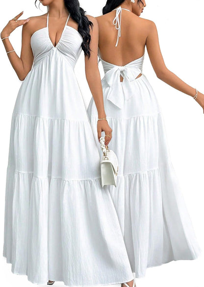 Women's Maxi Summer Dresses Halter V Neck Beach Dresses for Women A-Line Casual Dress for Vacation