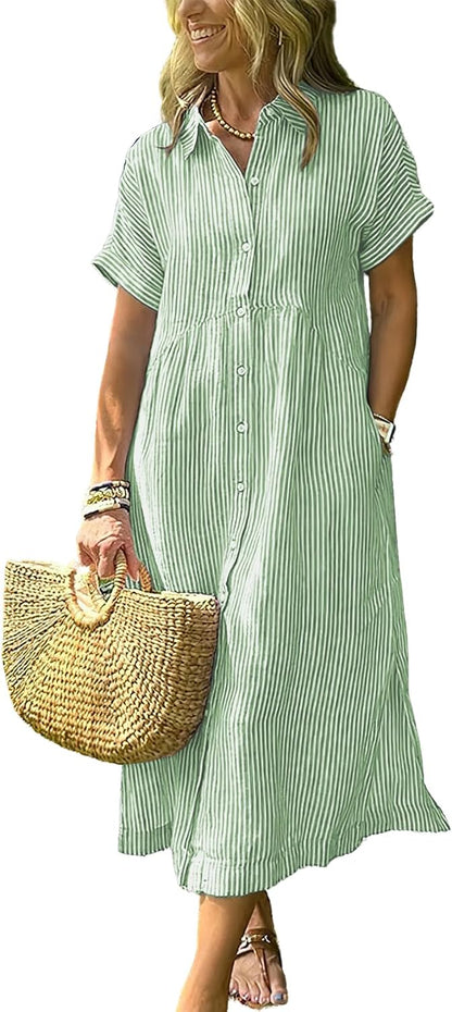 Women's Boho Striped Shirt Dress Button Up Side Slit Loose Mid Long Cotton Dress with Pockets